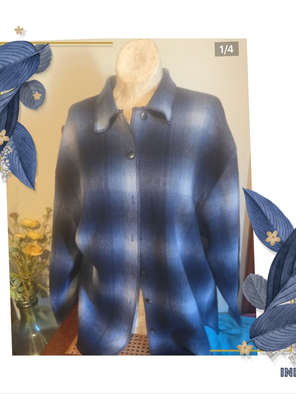 Energie Blue and Navy Plaid Button-Down Shirt Jacket Size Medium
